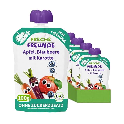 FRECHE FREUNDE Bio Quetschie Apfel, Blaubeere mit Karotte, Fruchtmus mit Gemüse im Quetschbeutel für Babys ab dem 6. Monat, vegan, 6er Pack (6 x 100g) von FRECHE FREUNDE