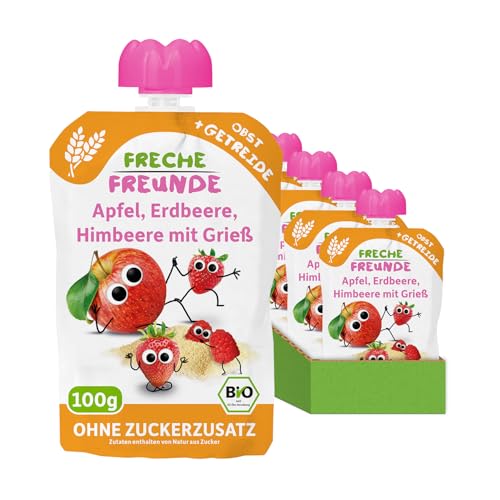 FRECHE FREUNDE Bio Quetschie Apfel, Erdbeere, Himbeere mit Grieß, Fruchtmus mit Getreide im Quetschbeutel für Babys ab dem 6. Monat, vegan, 6er Pack (6 x 100g) von FRECHE FREUNDE