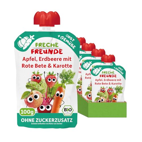 FRECHE FREUNDE Bio Quetschie Apfel, Erdbeere mit Rote Bete & Karotte, Fruchtmus mit Gemüse im Quetschbeutel für Babys ab dem 6. Monat, vegan, 6er Pack (6 x 100g) von FRECHE FREUNDE