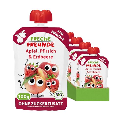 FRECHE FREUNDE Bio Quetschie Apfel, Pfirsich & Erdbeere, Fruchtmus mit Obst im Quetschbeutel für Babys ab dem 6. Monat, vegan, 6er Pack (6 x 100g) von FRECHE FREUNDE