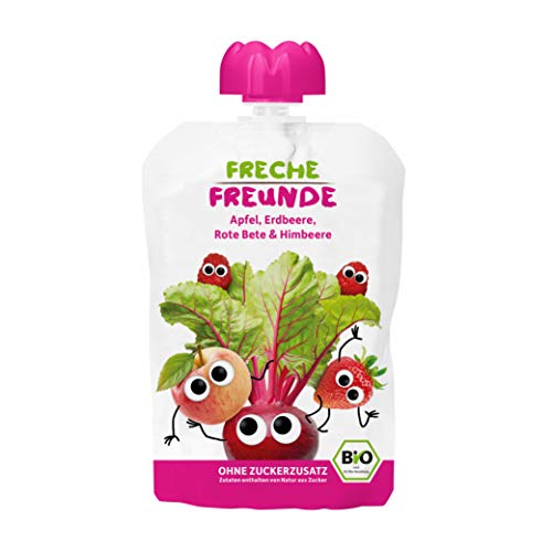 FRECHE FREUNDE Bio Quetschie Apfel, Rote Bete, Erdbeere & Himbeere, Fruchtmus im Quetschbeutel für Babys ab 1. Jahr, glutenfrei und vegan, 6er Pack (6 x 100 g) von FRECHE FREUNDE