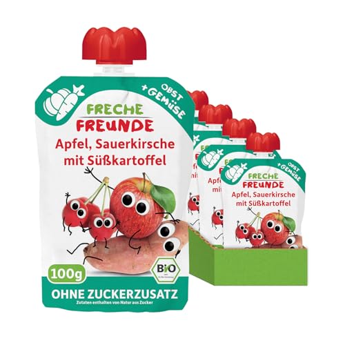 FRECHE FREUNDE Bio Quetschie Apfel, Sauerkirsche mit Süßkartoffel, Fruchtmus mit Gemüse im Quetschbeutel für Babys ab dem 6. Monat, vegan, 6er Pack (6 x 100g) von FRECHE FREUNDE