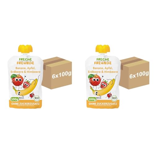 FRECHE FREUNDE Bio Quetschie Banane, Apfel, Erdbeere & Himbeere, Fruchtmus im Quetschbeutel für Babys ab 6 Monaten, 6er-Pack (6 x 100g) (Packung mit 2) von FRECHE FREUNDE