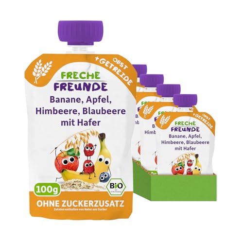 FRECHE FREUNDE Bio Quetschie Banane, Apfel, Himbeere, Blaubeere mit Hafer, Fruchtmus mit Getreide im Quetschbeutel für Babys ab dem 6. Monat, vegan, 6er Pack (6 x 100g) von FRECHE FREUNDE