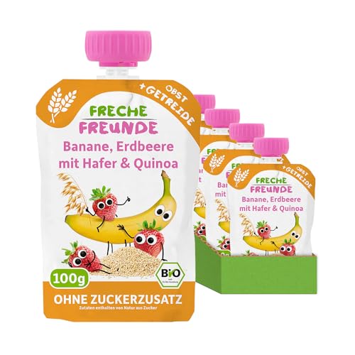 FRECHE FREUNDE Bio Quetschie Banane, Erdbeere mit Hafer & Quinoa, Fruchtmus mit Getreide im Quetschbeutel für Babys ab dem 6. Monat, vegan, 6er Pack (6 x 100g) von FRECHE FREUNDE