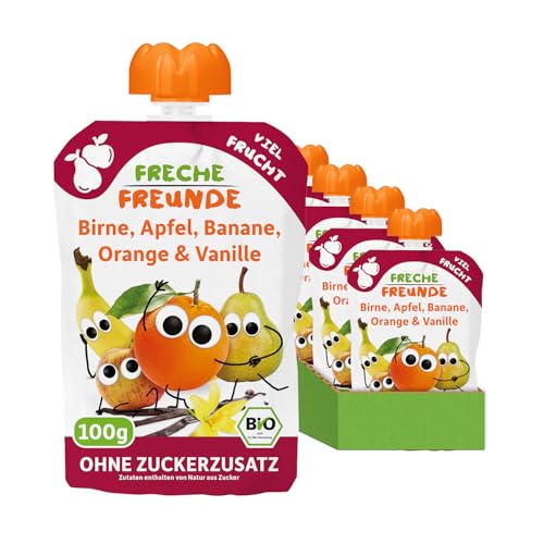 FRECHE FREUNDE Bio Quetschie Birne, Apfel, Banane, Orange & Vanille, Fruchtmus mit Obst im Quetschbeutel für Babys ab dem 6. Monat, vegan, 6er Pack (6 x 100g) von FRECHE FREUNDE