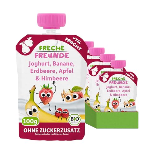 FRECHE FREUNDE Bio Quetschie Joghurt, Banane, Erdbeere, Apfel & Himbeere, Fruchtmus mit Obst im Quetschbeutel für Babys ab dem 6. Monat, vegan, 6er Pack (6 x 100g) von FRECHE FREUNDE