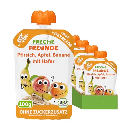 FRECHE FREUNDE Bio Quetschie Pfirsich, Apfel, Banane mit Hafer, Fruchtmus mit Getreide im Quetschbeutel für Babys ab dem 6. Monat, vegan, 6er Pack (6 x 100g) von FRECHE FREUNDE