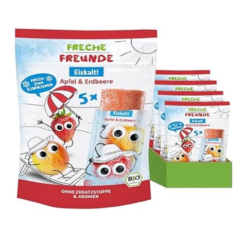 FRECHE FREUNDE Eiskalt! Apfel & Erdbeere, Stangen-Eis zum Einfrieren, Fruchtgehalt 80%, ohne Zusatzstoffe & Aromen, glutenfrei & vegan, 14er-Pack, 14 x (5x50g) von FRECHE FREUNDE