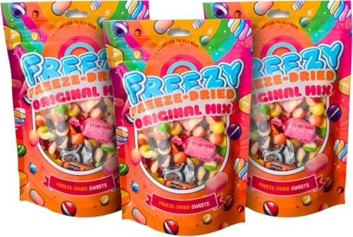 Freezy Freeze Dried Candy Bundle, Original Mix (Pack of 3) 360 gms, Bites includes Original Skittles & Squishes, Refresher sweets, Fruittella bites, Fruit Salad Bites, Blue Jacks & Marshmallows von FREEZY FREEZE-DRIED