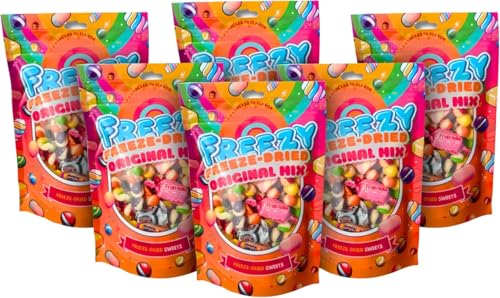 Freezy Freeze Dried Candy Bundle, Original Mix (Pack of 6) 720 gms, Bites includes Original Skittles & Squishes, Refresher sweets, Fruittella bites, Fruit Salad Bites, Blue Jacks & Marshmallows von FREEZY FREEZE-DRIED