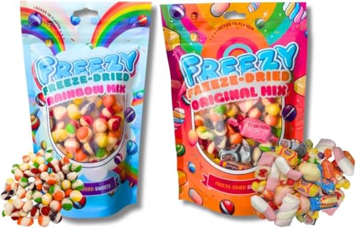 Freezy Freeze Dried Candy Bundle, Pack of 2 (Rainbow Mix + Original Mix) 240 gms Colourful Rainbow Bites, Original Skittles, Sour American Crunchy Sweet, Squishes, Fruittella, Blue Jacks & Marshmallow von FREEZY FREEZE-DRIED