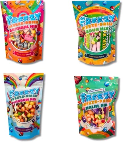 Freezy Freeze Dried Sweets - 120 gm each Flavourful & Colourful Sweet Candy, Skittles, Sour American Crunchy Variety Party Pack of Rainbow Mix, Halal Mix, Soul Mix & Original Mix (Pack of 4) von FREEZY FREEZE-DRIED