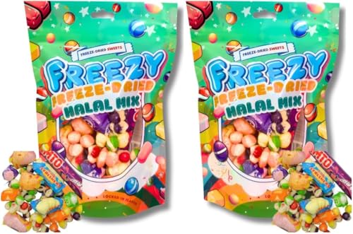 Freezy Freeze Dried Sweets Bundle, Halal Mix (Pack of 2) Sour American Sweet, Freezed Dried Skittles, Refresher Sweets, Fruit Salad, Starburst and Vimto Bar,120 gms each von FREEZY FREEZE-DRIED