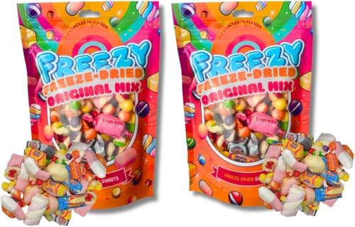 Freezy Freeze Dried Sweets Bundle, Original Mix (Pack of 2) Sour Bites includes Original Skittles & Squishes, Refresher Candy, Fruittella & Fruit Salad Bites, Blue Jacks & Marshmallows,120 gms each von FREEZY FREEZE-DRIED