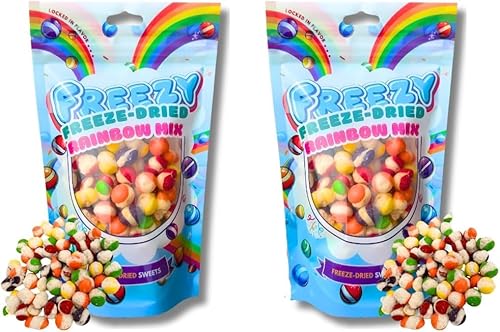 Freezy Freeze Dried Sweets Bundle, Rainbow Mix (Pack of 2) Colourful Blend of Rainbow Bites, Sweet Candy, Skittles, Sour American Crunchy Flavourful Sweet Candy Bag,120 gms each von FREEZY FREEZE-DRIED