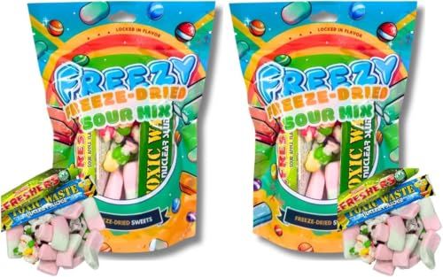 Freezy Freeze Dried Sweets Bundle, Sour Mix (Pack of 2) Sour American Candy contains Skittles, Squishes, Toxic Waste Sludge & Refreshers Bars Mixed in a Pack that offers Sour Goodness,120 gms each von FREEZY FREEZE-DRIED