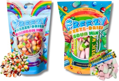 Gefriergetrocknete Süßigkeiten-Bündel, 2 Stück (Regenbogen-Mix + Sour Mix) 240 g bunter Regenbogen-Biss Original Kegel, Sour American Crunchy Sweet Candy, Squishes, Toxic Waste Sludge & Refresher Bars von FREEZY FREEZE-DRIED