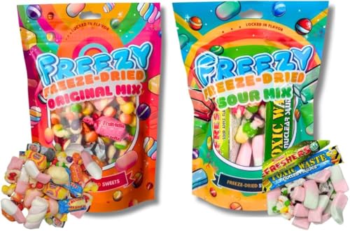 Gefriergetrocknete Süßigkeitenbündel, 2 Stück (Original Mix + Sour Mix) 240 g Sour American Bites inkl. Original Kegeln & Sour Squishes, Refresher Süßigkeiten, Fruittella, Blue Jacks, Marshmallows von FREEZY FREEZE-DRIED