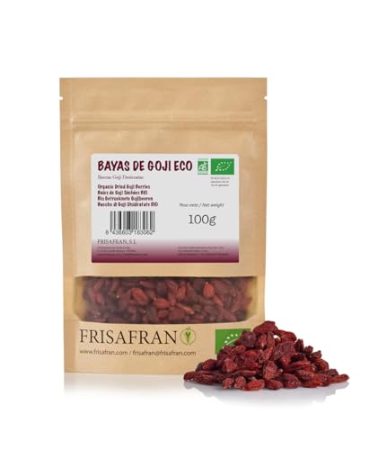 FRISAFRAN | Bio Goji Beeren 100g | dehydrierte Goji-Beeren | Getrocknete Beeren | Antioxidantien | Gesunder Snack | Smoothies | Ohne Zucker | Ganze Früchte | kein Schwefel | Trockenobst | Roh & Bio von FRISAFRAN