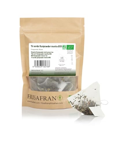 FRISAFRAN | Bio Mint Gunpowder Grüntee in Pyramiden 15 Einheiten | 30g | Antioxidans | japanischer grüner Tee | Verdauungs | erfrischendes Getränk | Minzaufguss | reiner Tee | Minzblätter | heiß-kalt von FRISAFRAN