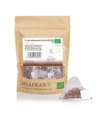 FRISAFRAN | Bio Pu Erh Roter Tee Pyramiden 60Ein | 120g | Abnehmen | Diuretikum | Verdauungs | Entgiftung | Fatburner | Tee abgießen | Tee in Beuteln | roter Pu-Erh-Tee | Aufguss ohne Zusatzstoffe von FRISAFRAN