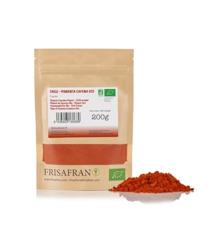 FRISAFRAN | Cayenne Pulver BIO/Chilipulver BIO | 200g | Reiner Bio Cayennepfeffer | Intensiver Geschmack mit 90 | 000 HU Schärfe | Ideal zum Würzen und Genießen von FRISAFRAN