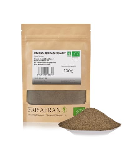 FRISAFRAN | Gemahlener Schwarzer Pfeffer Bio 100g | Reiner Pfeffer | gemahlen schwarzer Pfeffer | 100% ökologisch-natürlich | Intensiver Geschmack | Ideale Eintöpfe | Ohne Zusatzstoffe | Veganer von FRISAFRAN