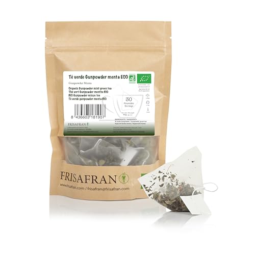 FRISAFRAN | Bio Mint Gunpowder Grüntee in Pyramiden 30 Einheiten | 60g | Antioxidans | japanischer grüner Tee | Verdauungs | erfrischendes Getränk | Minzaufguss | reiner Tee | Minzblätter | heiß-kalt von FRISAFRAN