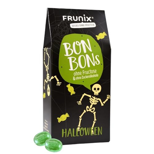 FRUNIX-Halloween-Bonbons, 90g, ohne Fructose, lustiges Halloweendesign, je 2 Sorten Bonbons (Skelett (Himbeere & Apfel)) von FRUNIX