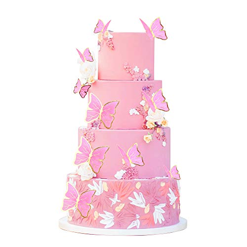 Unimall 30 Stück rosa Farbe Gold Rand gemischte Größe lebendige 3D Schmetterling Cupcake Topper für Mädchen Frauen Happy Birthday Hochzeit Party Kuchen Wand Party Essen Dekorationen von FUAUFAS