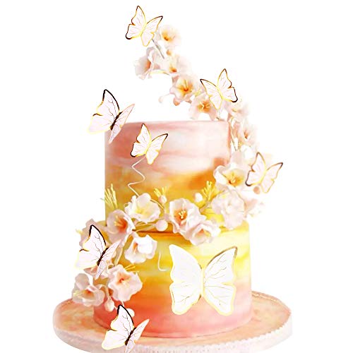 Unimall 30 Stück weiße Farbe Gold Rand gemischte Größe lebendige 3D Schmetterling Cupcake Topper für Mädchen Frauen Happy Birthday Hochzeit Party Kuchen Wand Party Essen Dekorationen von UNIMALL