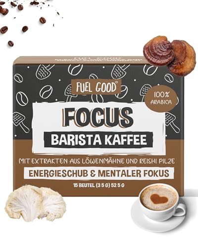 Barista Mushroom Coffee 15 Beutel, 100% Arabica Dunkle Röstung | Lions Mane & Red Reishi Löslischer Kaffee für Fokus, Energie und Immunsystem Unterstützung | Adaptogen & Nootropic Instant Pilzkaffee von FUEL GOOD