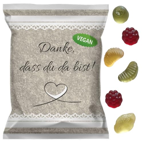 50 Päckchen Vegane Fruchtgummi-Früchtemix, Gummibärchen Gastgeschenke Hochzeit - Danke, dass du da bist - Geburtstag - Konfirmation - Kommunion - Einschulung - Taufe (50 Stück, Vegan) von FUN TASTiC CoMMERCe ANDREAS MERKT