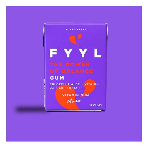 FYYL GUM Anti-Stress Kaugummi - Neuheit - 48 Stück, 4 Packungen a 12 Gums: Minze - Plastik- & Zuckerfrei - Chlorella Griffonia Vitamin D3 & mehr - FYYL The Power of Balance Gum - vegan von FYYL