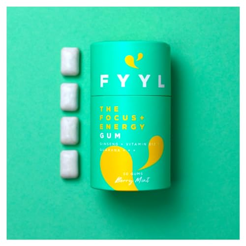 FYYL GUM Konzentration und Energie Kaugummi - Neuheit - Große Packung (50 Stück) - Beere-Minze - Plastik- & Zuckerfrei - Guarana Ginseng Vitamin B12 Grüner Tee - FYYL The Focus + Energy Gum von FYYL