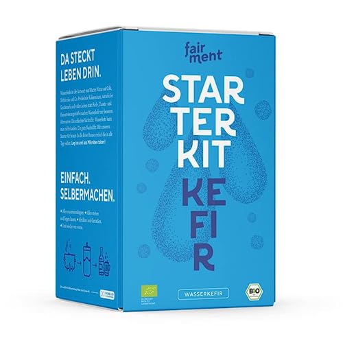 fairment Starterkit Wasserkefir - veganen Wasser-Kefir einfach selber machen - Starterset enthält Bio Kefirkristalle (Kefirpilz), Glas, Zutaten, Zubehör und Rezepte von Fairment