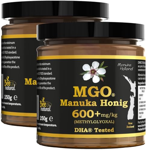 BEE NATURAL MGO 600+ PREMIUM MONOFLORAL NEUSEELAND MANUKA HONIG IN EINEM UMWELTFREUNDLICHEN ECHTGLASGEFÄß AUS NICHT GEFÄRBTEM GLAS * 2x 250G MANUKAHONIG * MGO 514 550 = UMF 15, 600 625 = UMF 16 von Family Foods