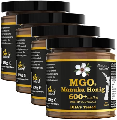 BEE NATURAL MGO 600+ PREMIUM MONOFLORAL NEUSEELAND MANUKA HONIG IN EINEM UMWELTFREUNDLICHEN ECHTGLASGEFÄß AUS NICHT GEFÄRBTEM GLAS * 4x 250G MANUKAHONIG * MGO 514 550 = UMF 15, 600 625 = UMF 16 von Family Foods