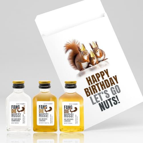 Fang die Nuss! | 6-teiliges Mini Geschenk-Set "Happy Birthday Let´s go nuts!" | Haselnusslikör + Haselnuss Schnaps + Walnuss Likör + Aufkleber + Gutschein | Geburtstags Eichhörnchen von Fang die Nuss