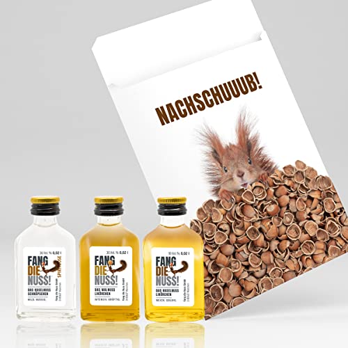 Fang die Nuss! | 6-teiliges Mini Geschenk-Set "Nachschuuub!" | Haselnusslikör + Haselnuss Schnaps + Walnuss Likör + Aufkleber + Gutschein | Probier-Box Eichhörnchen von Fang die Nuss