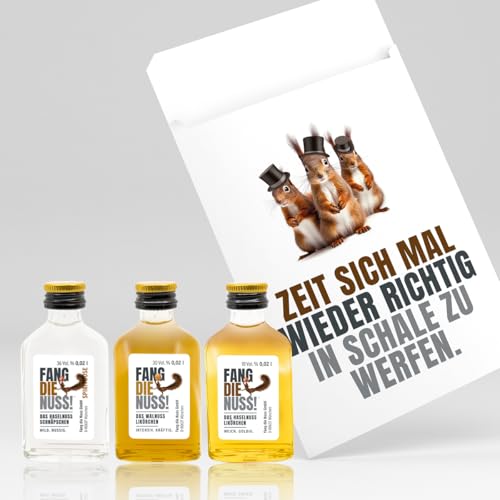 Fang die Nuss! | 6-teiliges Mini Geschenk-Set "Zeit sich mal wieder richtig in Schale zu werfen." | Haselnusslikör + Haselnuss Schnaps + Walnuss Likör + Aufkleber + Gutschein | Probier-Box von Fang die Nuss