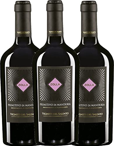 VINELLO 3er Weinpaket - Zolla Primitivo di Manduria DOP - Vigneti del Salento mit einem VINELLO.weinausgießer | 3 x 0,75 Liter von Farnese Vini