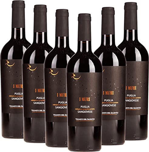 VINELLO 6er Rotweinpaket - I Muri Sangiovese Puglia IGP 2021 - Vigneti del Salento mit einem VINELLO.weinausgießer | 6 x 0,75 Liter von Farnese Vini