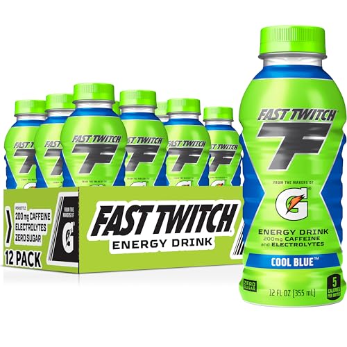 Fast Twitch Energy Drink von Gatorade, Cool Blue, 340 ml Flaschen, (12er-Pack), 200 mg Koffein, kein Zucker, Elektrolyte von Fast Twitch