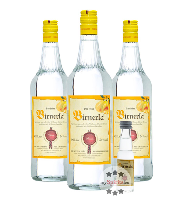 3 x Prinz Birnerla + gratis Miniatur (34 % Vol., 3,0 Liter) von Fein-Brennerei Prinz