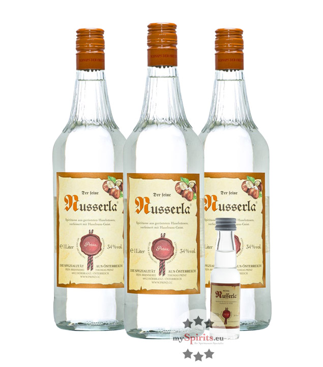 3 x Prinz Nusserla + gratis Miniatur (34 % Vol., 3,0 Liter) von Fein-Brennerei Prinz