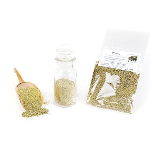 Pfeffer grün gemahlen, grüner Pfeffer gemahlen, Malabar Pfeffer Indien, Gourmetpfeffer, Premiumpfeffer luftgetrocknet, Naturgewürz, 20g von Feine Würze