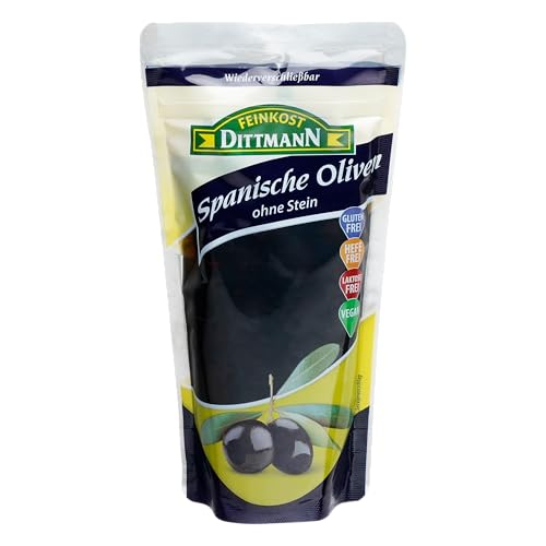 Feinkost Dittmann Geschwärzte Spanische Oliven - Olivenfrüchte geschwärzt - 1er Pack - im Praktischen wiederverschließbaren 250g Beutel - Ideal für Pizza, Salate, Antipasti (1er Pack) von Feinkost Dittmann