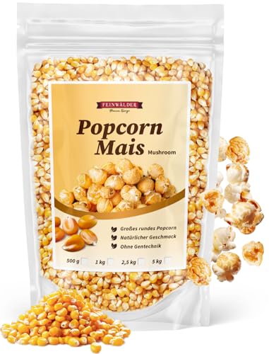 Feinwälder® 1kg Popcorn-Mais Mushroom Variante - Frisches Popcorn, Glutenfrei & Vegan Ideal für Heimkino, Snacks & Events Popcornmais Geschmacksneutral ohne Zusätze Puffmaiskörner für Popcornmaschine von Feinwälder